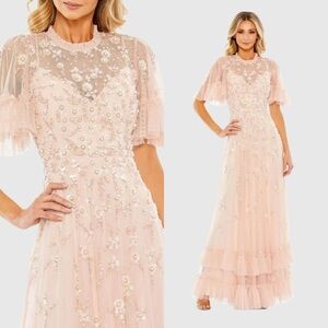 Mac Duggal 9199 Ruffled Floral Embellished Flutter Sleeve A-Line Gown Sz 16 NWT